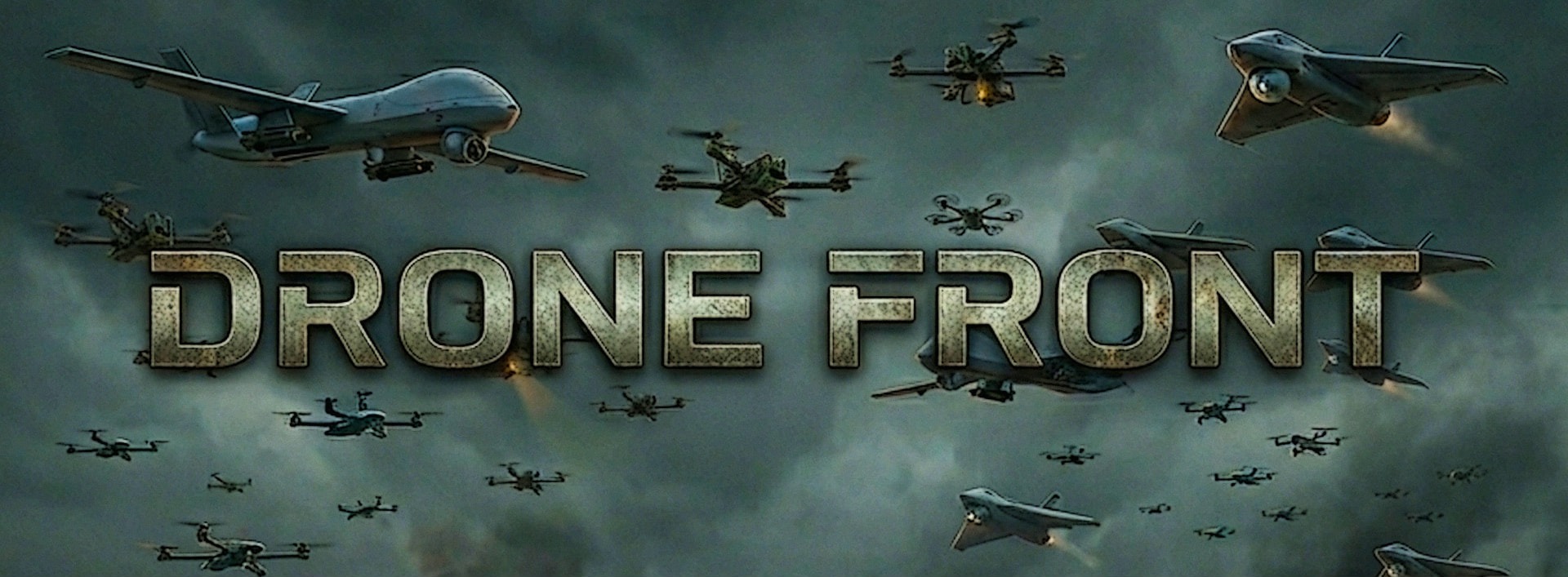 Drone Front banner with drones in a stormy sky